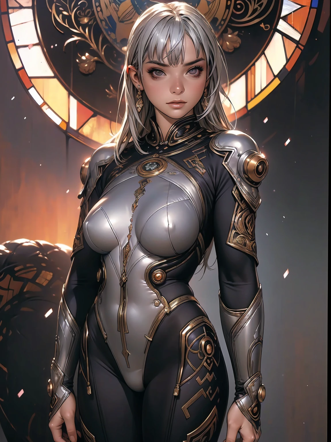 sunset, laser sword,{{sfアーマー}},cyber suit,cyber punk,sf,Cyber Battle Armor,battle dress,'s uniform,pants,'s uniform pretoe,all-body,Height: 188cm,almond forma eyes,{{{{{silver eyes}}}}},{{{{{Blunt bangs}}}}},(tilted eyes},{{sexy all-body butt crack},{{{1 girl}}}, long hair, slickedback hair,{{{{silver hair}}}},{{{Tsurime}}},{middle of the chest},{{shrub}},{{{work of art}}}, {{{highest quallity}}}, {{very detailledな}}, {forma}, {{Very delicate and beautiful}},very detailled,Detailed Perfection,hyper detailled,black clothing, standing in front of the stained glass, dramatic sunset lighting, intrikate details, hyper realist, (best qualityer,ultra high resolution,work of art:1.2),ultra detali,(ultra realistic,photorrealistic profissional,photorrealistic:1.37),cinematic lighting,warm colours,volumetric lighting,beautiful detailed eyes,beautiful detailed lips,extreme detailed face,long eyelashes,(intrikate,ornated:1.2),chic,sophisticated,temperamental atmosphere,atmospheric, full body view, highy detailed, ultra-realistic, details Intricate, ((work of art,best qualityer)), ((cinematic light)), hyperrealisti, frightful, ダークファンタジー , detailed armor, capacete detalhado, realistic epic, missing, ((Neutral Colors)), (HDR:1.5), (subdued colors:1.2), hyper detailled, (Art Station:1.5), warm lights, Efeito de Luz, Dramatic light, (details Intricate:1.1), complex background, (Greg Rutkowski:0.8), (teal and orange:0.4), (Snow-Cold Whirlwind Lightning),(insano irrealengine5,epic masterpiece,max best qualityer, ultra-high definition XT3 ultra-high resolution),ultra detali,ultra sharp focus, Varia,multi, etc.. --v 6 --s 1000 --c 20 --q 500 --chaos 100