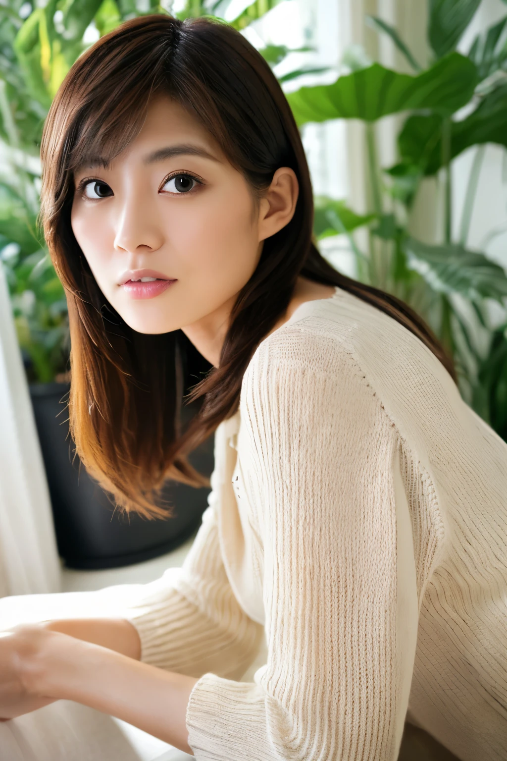 Masterpiece, Photogravure, High quality, Ultra-high resolution, 8K, Realistic, (Intricate details: 1.2), A skinny Japanese actress, 40 years old, {short|long} hair, cute face, detailed face, beautiful eyes, detailed eyes, slender body, hourglass figure, anatomically correct body structure, (wearing a loose knit camisole next to the skin: 1.4), obscene pose, (tilted head: 1.2), looking into the camera. a photo captured at a refreshing room filled with sunlight, white floor, white walls, house hold items, (plants: 0.8), in summer. full-body photo from various angles