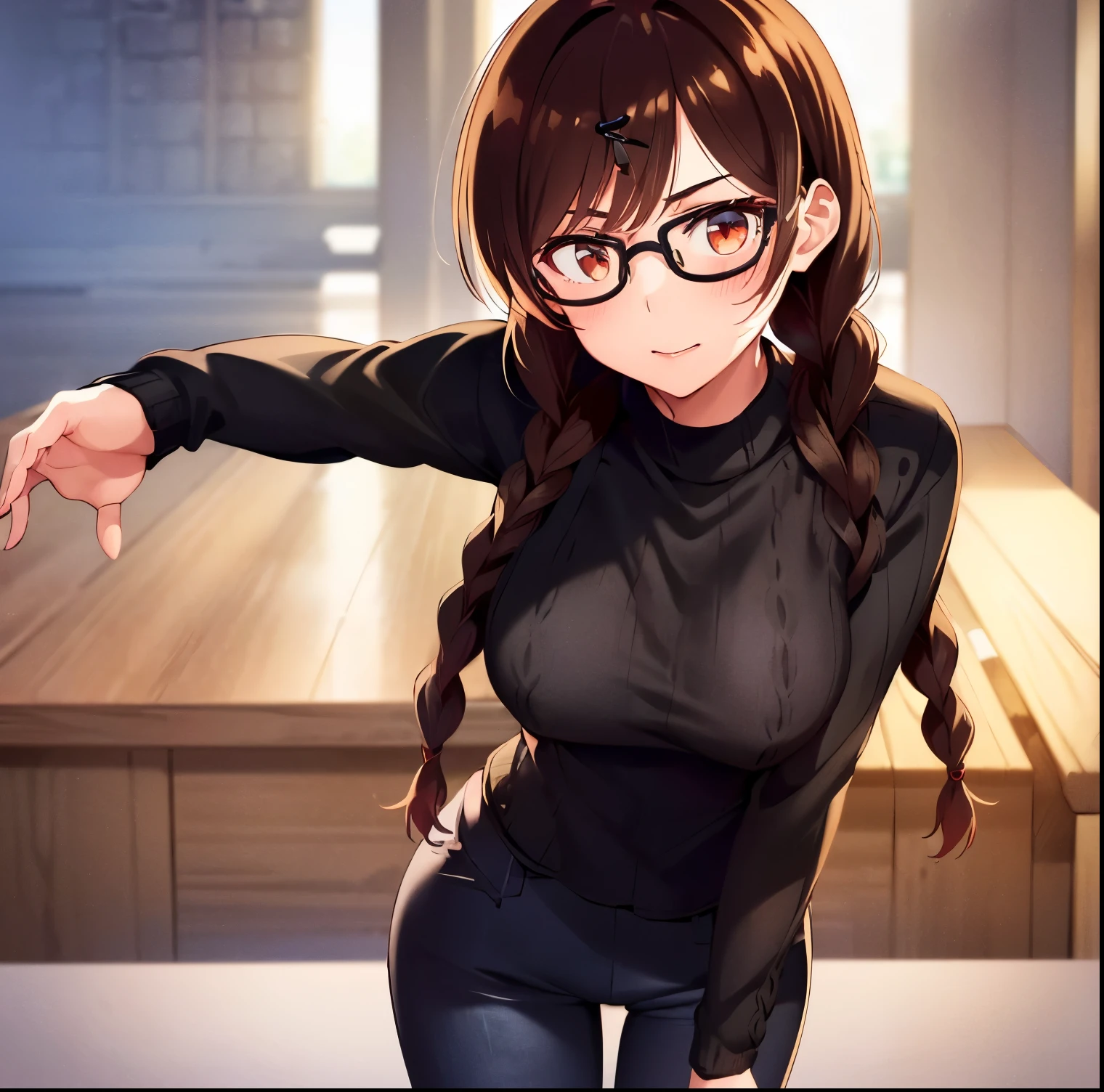 ((1girl)),((alone)),Chizuru Mizuhara, (kanokari),(masterpiece), (best quality), (ultra detailed), (best illustration), (best shadow), (absurdities), sharp focus , cowboy photo, atmospheric perspective, depth of field, dynamic posture looking at the viewer, big breasts, narrow waist, wide hips, wide thighs, round butt, erotic, romantic, (highly detailed eyes, lips 1.1), highly detailed eyes, eyes, Very detailed face, Very pretty face, Symmetrical face, Aesthetic face, perfect face, perfect eyes, detailed eyelashes: 1.5), full height, beautiful slender figure, femininity, expressive appearance, elastic big breasts, sexuality, half-open lips, eyes brown,Long hair, brown hair, ((twin braids:1.3)), ((two tails)), single, hair ornament, hairpin,(( black glasses:1.3)),twin braids,((denim jeans :1.4)), tight jeans, ((black sweater:1.4)),tight sweater,((neckline:1.3)), collarbone, ((long sleeves)),((black heels:1.2)),hand on hip ,curves,defined body,perfect and beautiful body,perfect and beautiful,closed mouth,flirtatious expression,smile,blush,(sexy pose: 1.2),((solo)), standing: 1.3,( (indoor, school, library, shelf, books, table, day, sunny, light reflection,)), looking forward, ((focus on breasts:1.4)), point of view: (from Middle), perfect anatomy, perfect hands