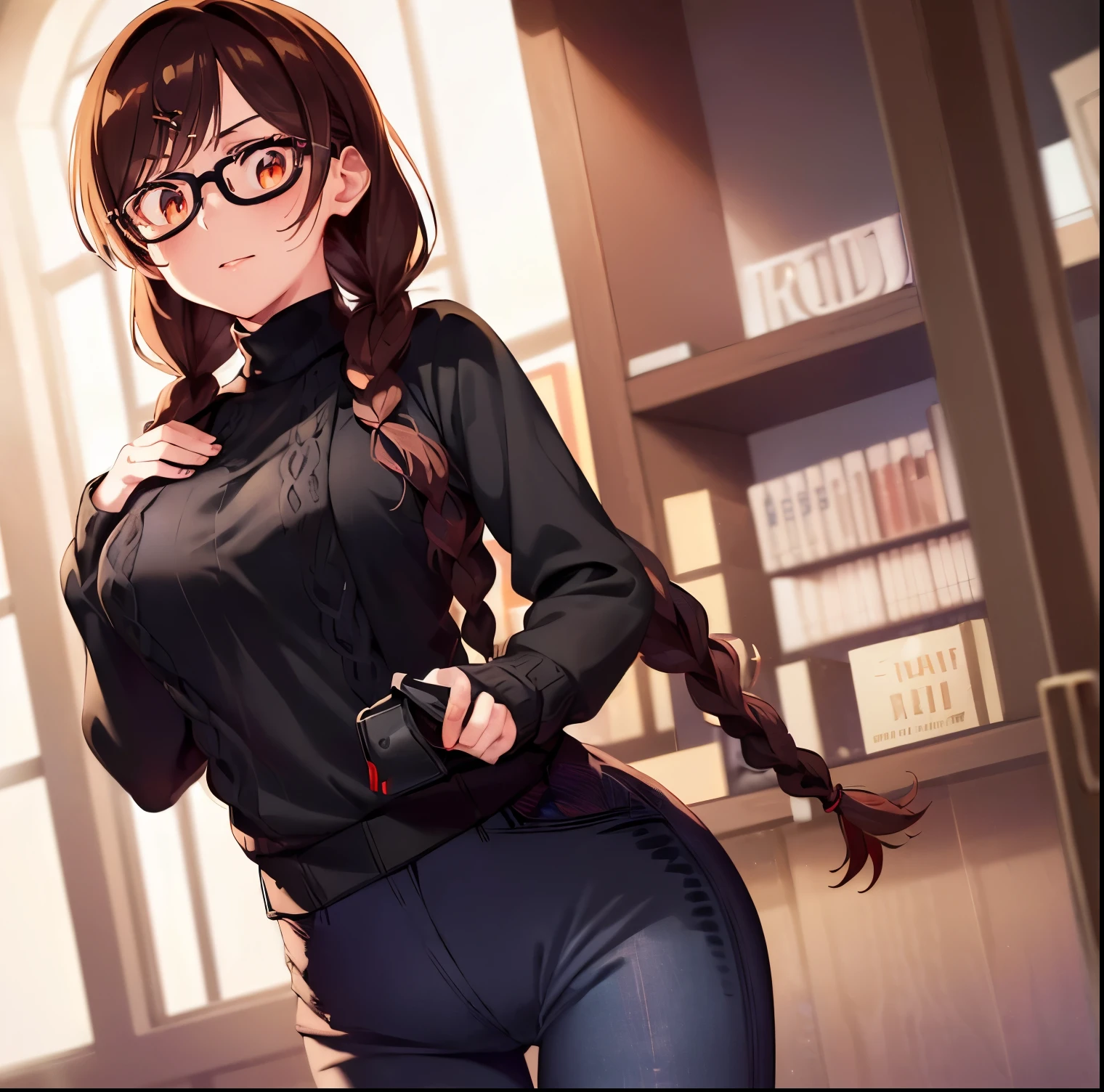 ((1girl)),((alone)),Chizuru Mizuhara, (kanokari),(masterpiece), (best quality), (ultra detailed), (best illustration), (best shadow), (absurdities), sharp focus , cowboy photo, atmospheric perspective, depth of field, dynamic posture looking at the viewer, big breasts, narrow waist, wide hips, wide thighs, round butt, erotic, romantic, (highly detailed eyes, lips 1.1), highly detailed eyes, eyes, Very detailed face, Very pretty face, Symmetrical face, Aesthetic face, perfect face, perfect eyes, detailed eyelashes: 1.5), full height, beautiful slender figure, femininity, expressive appearance, elastic big breasts, sexuality, half-open lips, eyes brown,Long hair, brown hair, ((twin braids:1.3)), ((two tails)), single, hair ornament, hairpin,(( black glasses:1.3)),twin braids,((denim jeans :1.4)), tight jeans, ((black sweater:1.4)),tight sweater,((neckline:1.3)), collarbone, ((long sleeves)),((black heels:1.2)),hand on hip ,curves,defined body,perfect and beautiful body,perfect and beautiful,closed mouth,flirtatious expression,smile,blush,(sexy pose: 1.2),((solo)), standing: 1.3,( (indoor, school, library, bookshelf, books, table, day, sunny, light reflection,)), looking forward, ((focus on thighs:1.4)), point of view: (from below), perfect anatomy, perfect hands