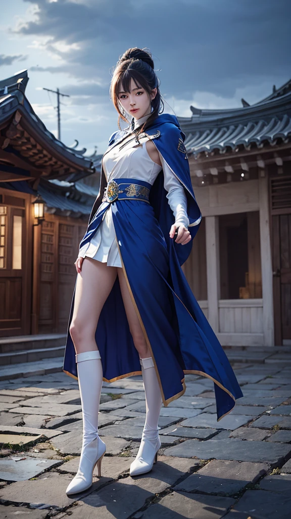 climbing a temple wall South korea women mystery hooded on with modern royal Blue coat with long and wide sleeves with buttons and royal Blue cape and very high white heel over the knee and white gloves, As she reveals a small secret hidden blade coming from his palm , adding to the character's mysterious and agile appearance, with small movements of air on the cape,, in summer at night under the rain,medieval south korea house. sophisticated and highly detailed, ultra hd, realistic, hyper detailed, enhanced colours, ultra sharp focus, with vibrant, rich in details High quality, gorgeous, captivating, 8k, super detailed, stunning shadows, detailed lines,
