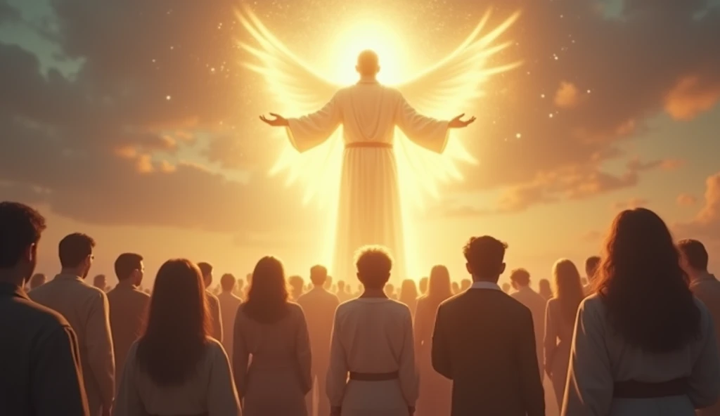 Create a serene and powerful image representing 'God protecting people.' Visualize a divine figure symbolizing God, standing as a guardian over a diverse group of individuals. Depict God with an aura of radiant light, arms outstretched or surrounding the people, forming a protective barrier or shield of light around them. The people should appear safe and calm, unified under this divine protection, representing various ages, ethnicities, and backgrounds. The setting could be a peaceful landscape, such as a tranquil meadow or celestial scene, bathed in soft, glowing light. The overall atmosphere should evoke a strong sense of security, warmth, and the comforting presence of divine protection, highlighting the unshakable faith and safety that comes from being under God's care