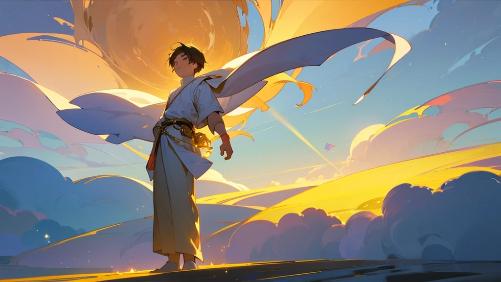 A 16-year-old boy in a dream, standing in a serene, heavenly world filled with soft clouds and a warm, bright light. The light in front of him glows intensely, bathing the entire scene in a golden, ethereal glow. The boy looks amazed and at peace as he steps towards the radiant light, surrounded by an aura of tranquility and hope.