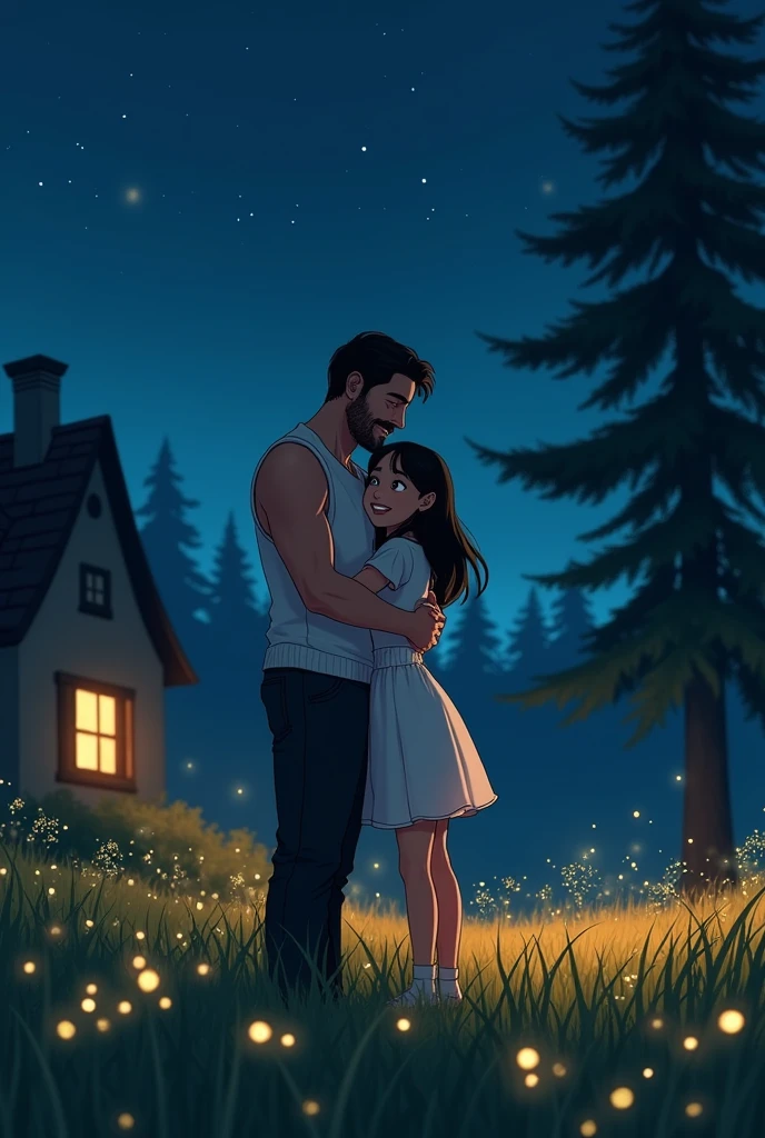 Masterpiece level 16:9 ratio, amazing style, deep love between father and daughter, elevated shot, the house is on the left side of the frame, the background is night, dark blue, starry sky, very elastic and creative, father wearing white vest and black pants smiling, hands Take the , the  has pretty black hair, the grass and fireflies cover the bottom of the picture, and the tall pine trees on the right form a forest.