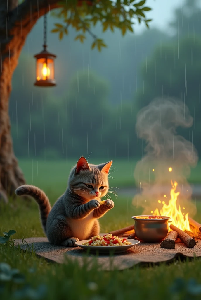 an anthropomorphic cat, eating on a plate in the field, firewood, smoke from the pot, lamp in a tree, sad rain, ultra-realistic 3D 16k.