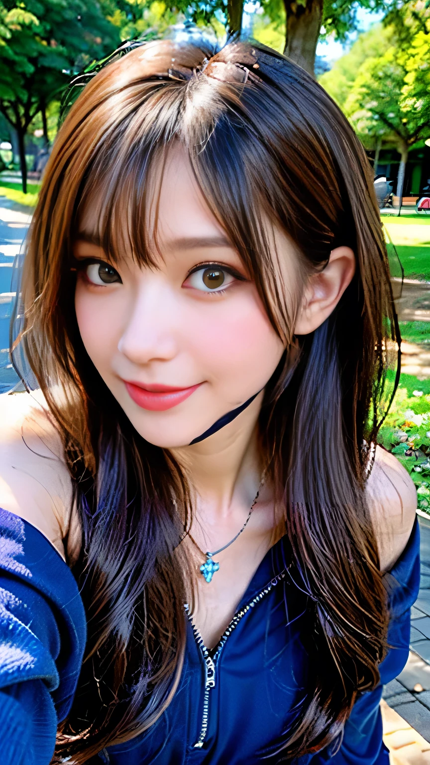 seed;2372725988,((Full Body Angle))、((Front hair:1.3))、((Highest quality, 8k, masterpiece: 1.3)), concentrated: 1.2, Cute 1,Nipples erect、 Perfect beauty: 1.4,Summer off-the-shoulder cropped T-shirt、Letter Print、Shorts: 1.2,Long sleeve、Randall Color、comics&Text Graphics、Black ruffle-trimmed drawstring zip blouse,1.1, Highly detailed face and skin textures, Fine grain, double eyelid, whitening skin, ,Highest quality,Ultra-high resolution,you,1 person,alone,_Shiny_skin,Iris,necklace,((brown_length_Wavy_hair)),(lips)),eyelash,Front hair,deal with,compensate,Shiny,pore,skin,Large Breasts、((Smile))、Walking in the park、Selfie、((close-up))