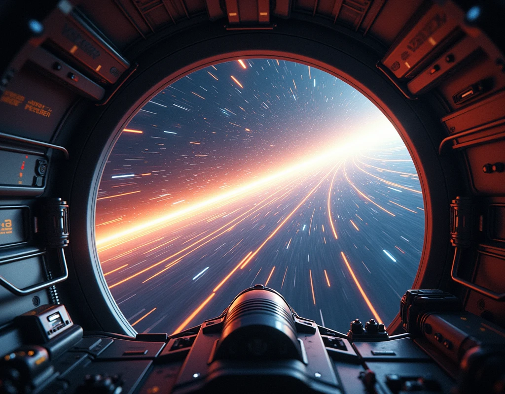 (masterpiece:1.2,of the highest quality,Super detailed,realist,Ultra high resolution camera),8k,Wallpaper,The view from the cockpit of a spacecraft traveling at warp speed,(Expressing ultra-high speed with a light line:2.0),(hole),space universe,magnificent landscape painting,Drawing of the spaceship cabin
