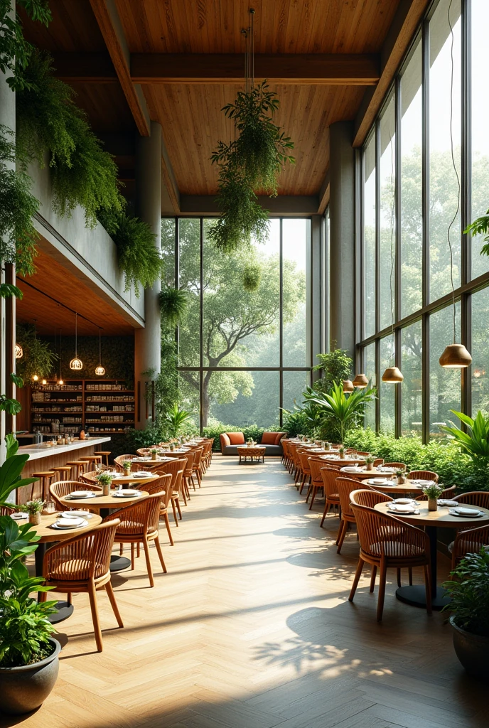 I want a restaurant interior with nature theme the hall is about 22 feet in width and 100 feet long in which all windows on both sides with nature sitting and plants outside