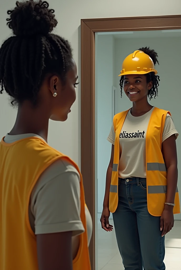 Une jeune fille noir qui a des cheveux un peu crepus et se fait un chignon habillé avec un t-shirt qui écrit Eliassaint, elle se regarde dans un miroir et elle voit son reflet qui est un peu mature et habillé avec l'uniforme complet d'un ingénieur civil( avec le gillet jaune, casque jaune et des bottes). Elle l’a voit sourire avec elle ce qui l’assure. Je ne veux pas des images d'enfants car elle a 19 ans