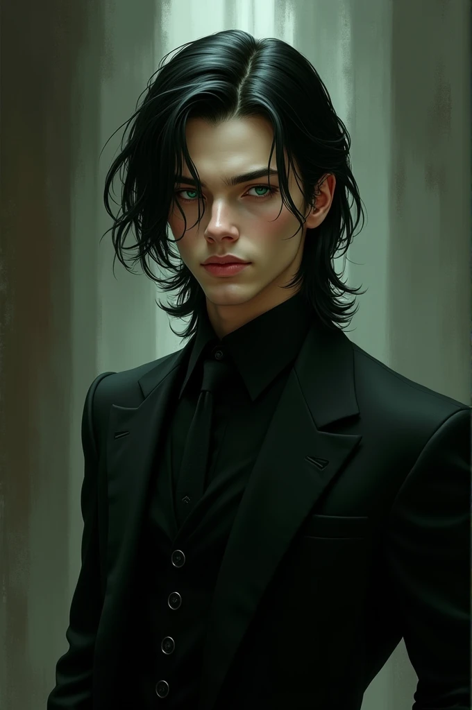 make a young vampire man. handsome, high, White skin, green eyes, semi long straight black hair. wear a black suit. Semi realistic style