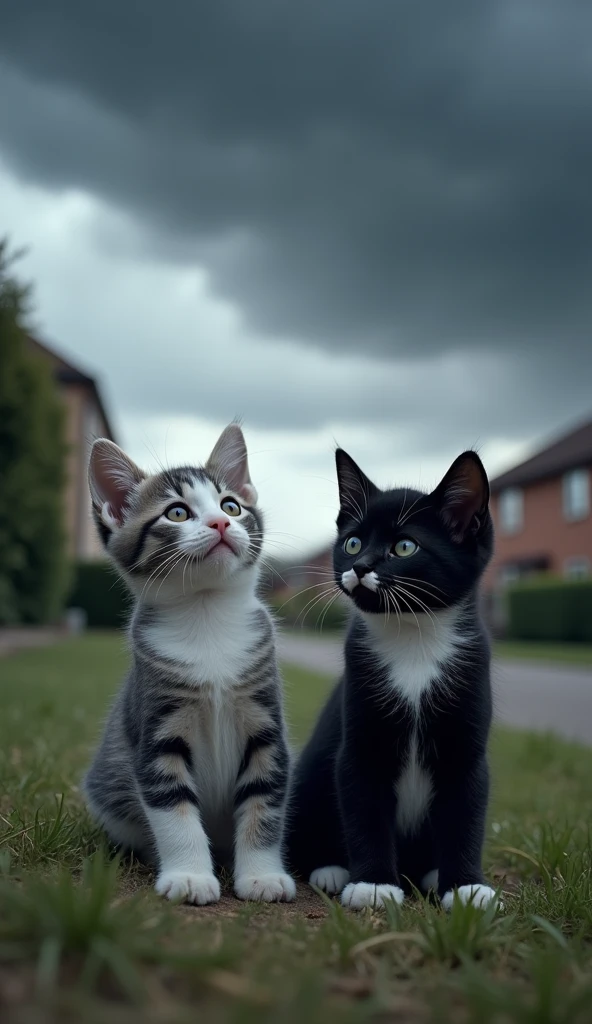 Two small kittens, Milo (gray and white) and Luna (black with white paws),
A darkening sky as storm clouds gather above the neighborhood. Milo and Luna glance upward, looking concerned.