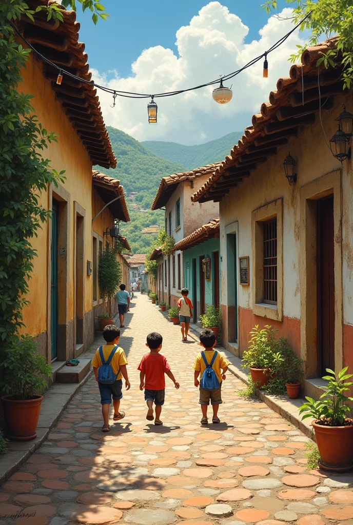 Painting cobblestone street with old and humble houses northeast of Brazil boys playing