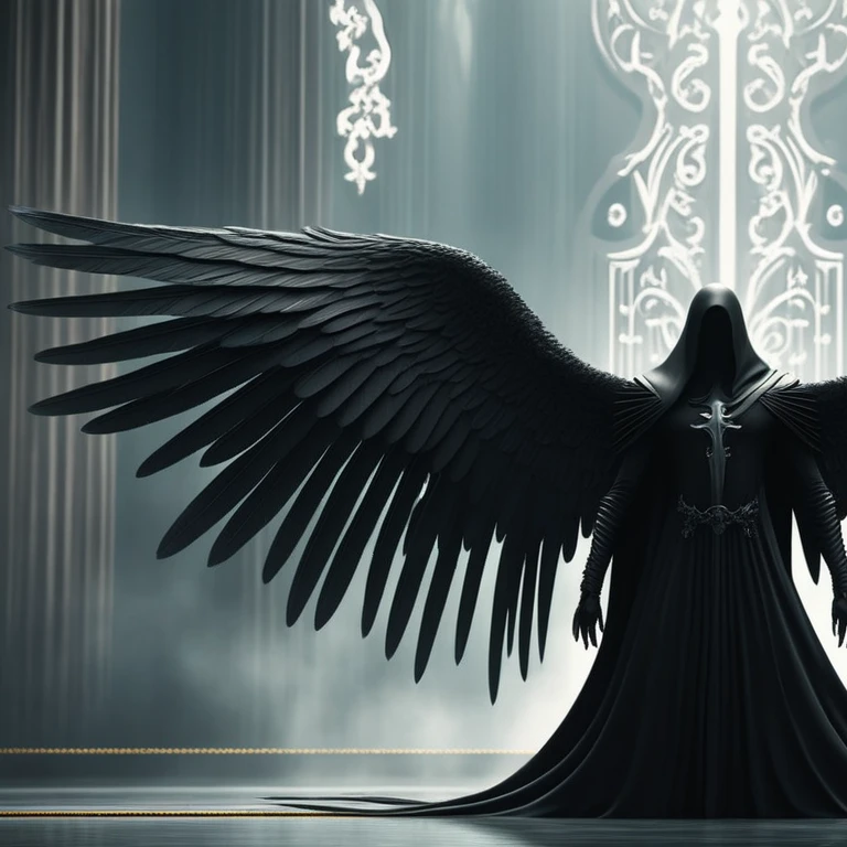 a winged angel with open wings in front of a window, the angel of death, villainess has black angel wings, angel with black wings, black wings instead of arms, black angel wings, angel of death, raven angel wings, the angel of death with a halo, dark Angel, symmetrical epic fantasy art, big angel wings wide open, It has black wings