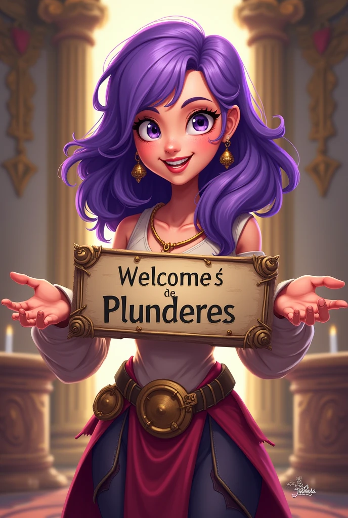 a purple haired woman leads a guild, she was happy smiling looking at the camera holding the word welcome to plunderes, written in Portuguese 