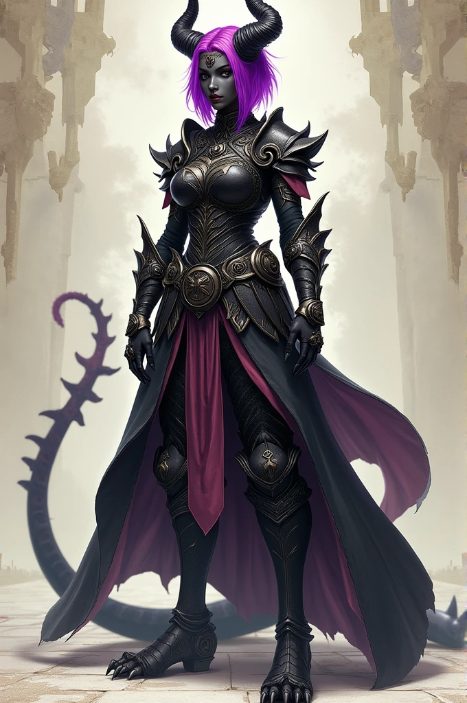 Imagine a full body character concept sheet Of a tall girl, black skin, Black hair with fluorescent purple and short to the shoulders, horns, Black dragon legs and features With Reyna accessories and medieval soldier armor With terrifying appearance
