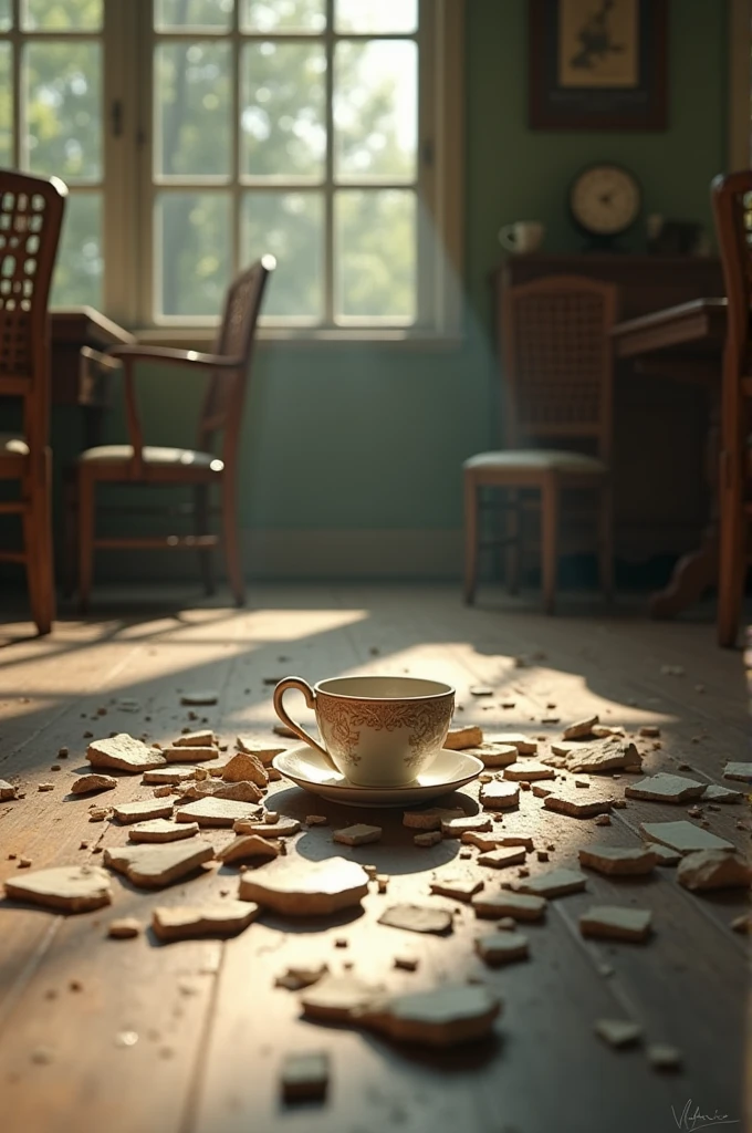 Pieces of a broken cup lying on the floor of an old, bright house