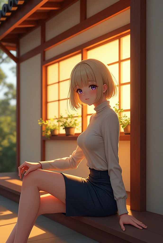 (photorealism:1.2), beautiful woman, sitting on porch, wearing turtleneck sweater, pencil skirt, short blonde hair, outdoors, soft lighting, plants in window, relaxed pose, anime, intricate details, warm colors, japanese style home