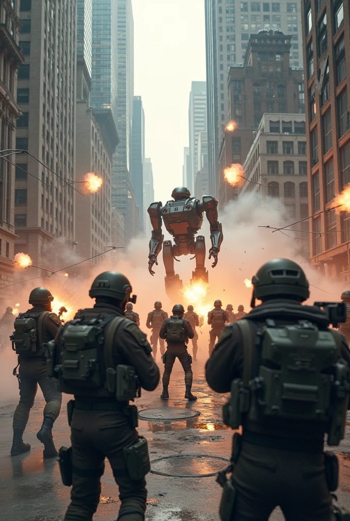War battle between 10 futuristic soldiers with weapons and 10 robot soldiers in a shopping center in New York.