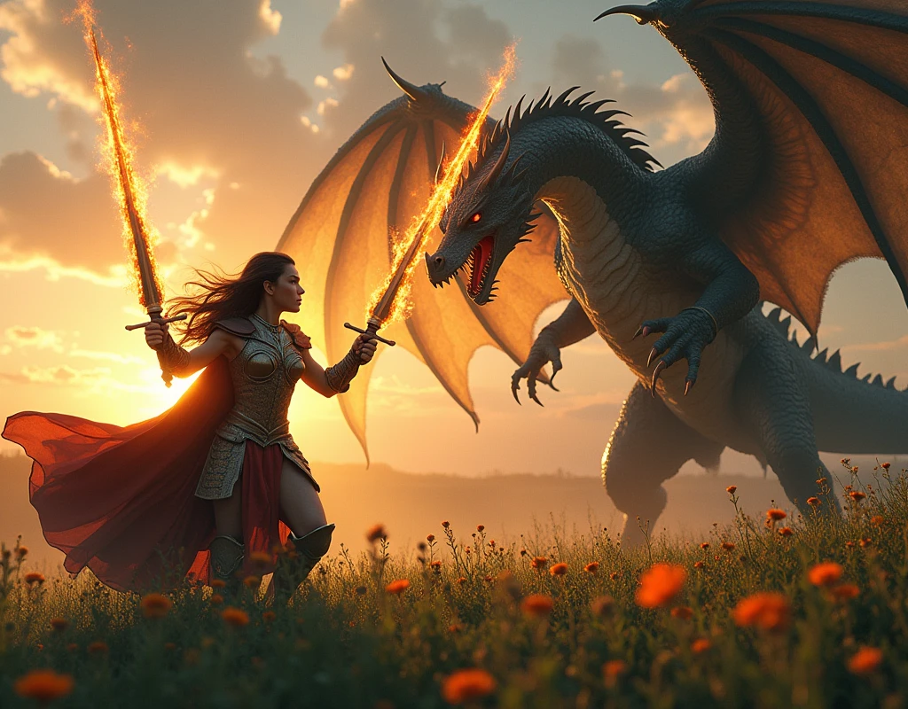 Viking warrior woman fighting a dragon with two flaming swords, brunette with perfect body,at sunset in the middle of a green field