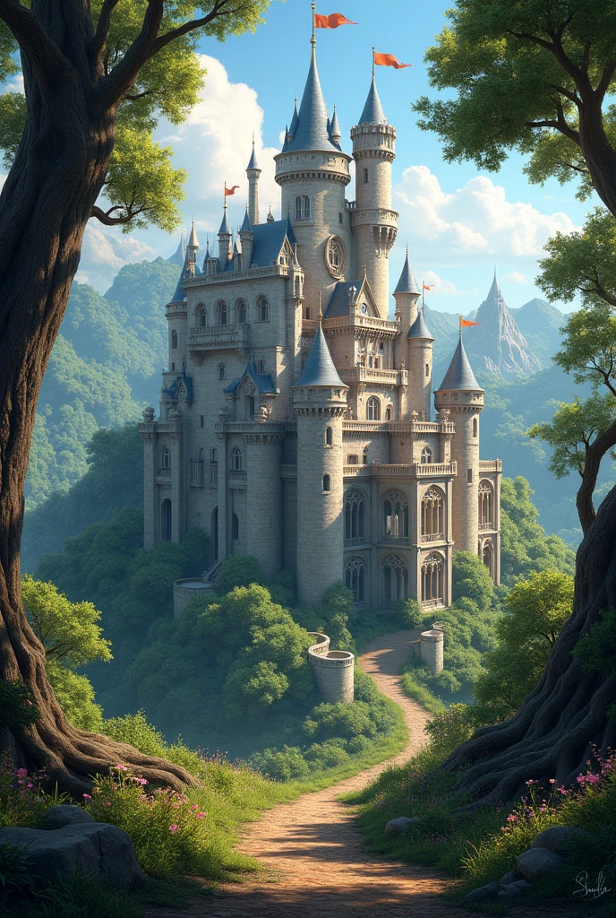 A highly detailed Monaco castle with Sherwood Forest in the background