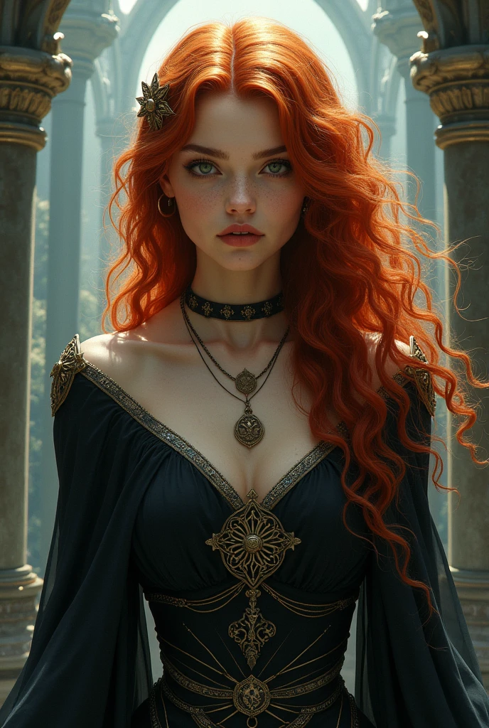 God of Death, curly, with red hair and eyes of different colors, young 19 year old girl