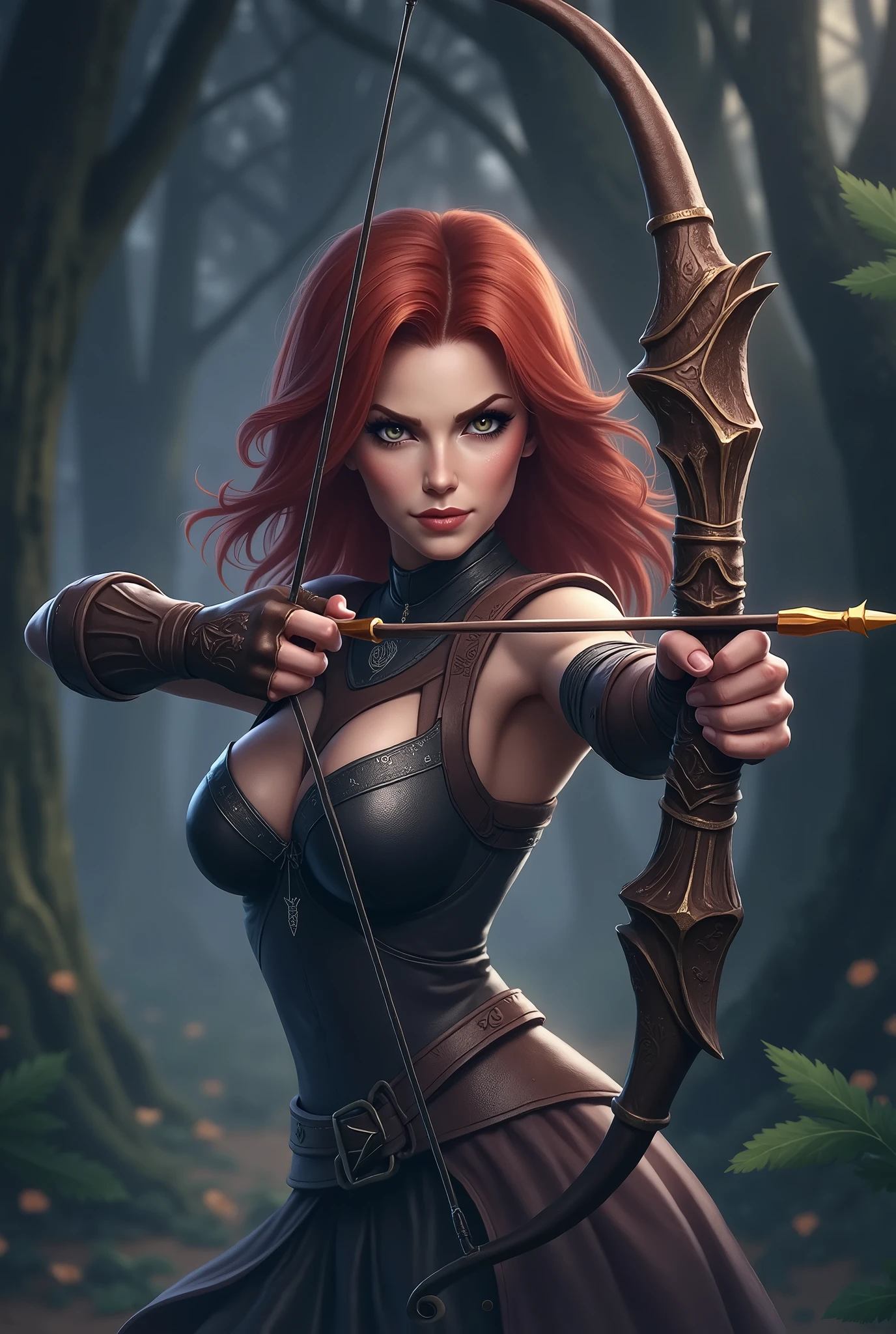 archer, fantasy, woman, redhead, bow and arrow, combat clothing