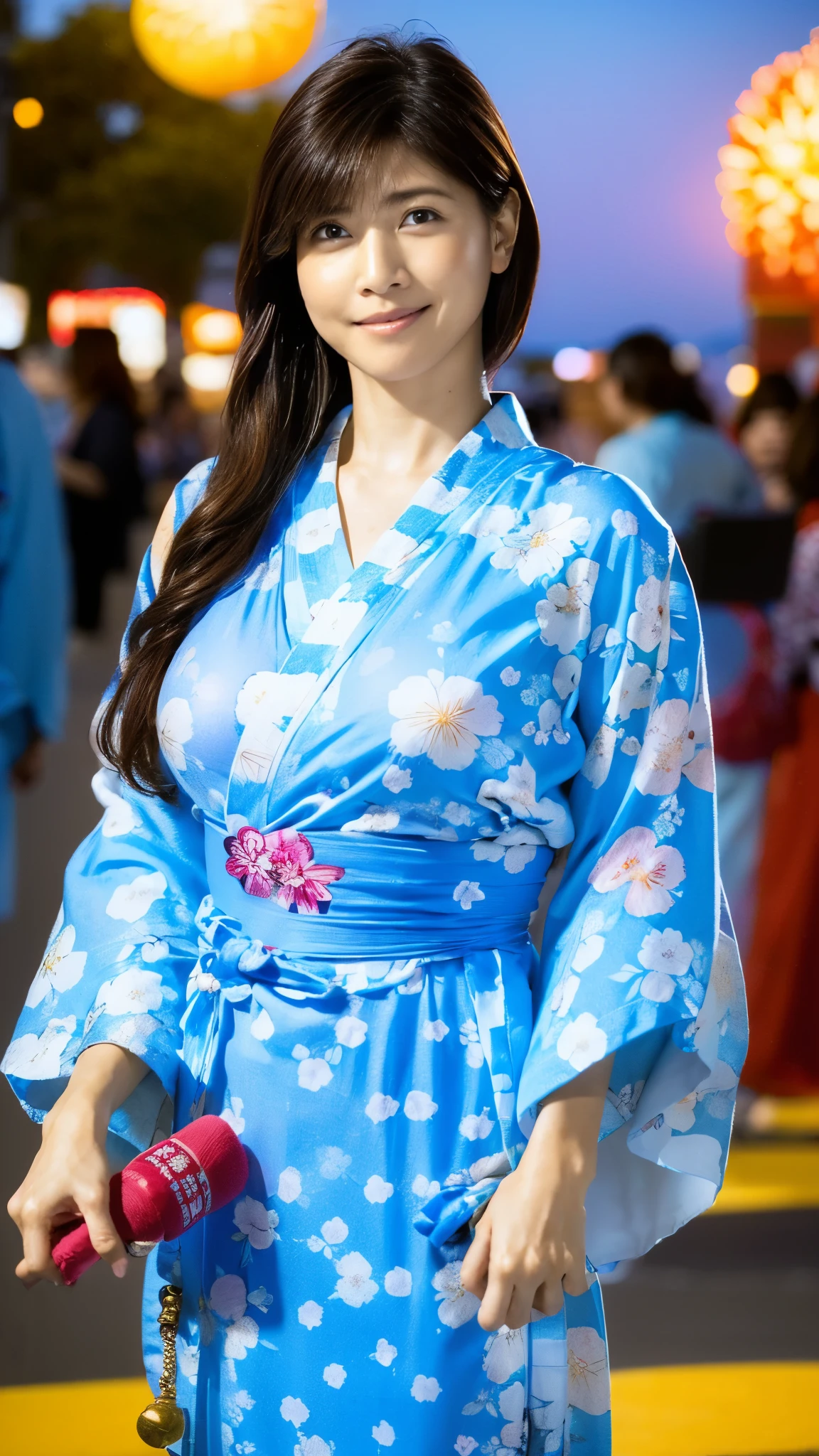 (8k,Ultra-high resolution,Highest quality,masterpiece,Realistic,Ultra-high resolution,High-quality RAW color photos,Professional photos,Realistic,Realistic),Natural skin texture,Fine skin,Hyperrealism,Intricate details,Adult women,Eye highlights,Glossy Lips,(Cute smile,Semi-long hair,Dark blonde hair,bangs),((gigantic breast,Big Breasts)),((((Light blue yukata with floral pattern,geta)))),(((Night Sky,Summer festival,firework,crowd)))Warm lighting,