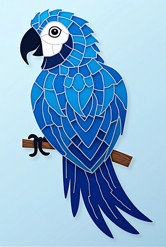 Create an illustration of a parrot designed to be made into a mosaic. The parrot should be composed entirely of different shades of blue, with clear, flat color areas to represent the individual mosaic tiles. The image should focus on the parrot in profile, showing its distinctive features such as its beak, wings, and feathers, but simplified to work well as a mosaic. The background should be plain or subtly textured to emphasize the parrot.