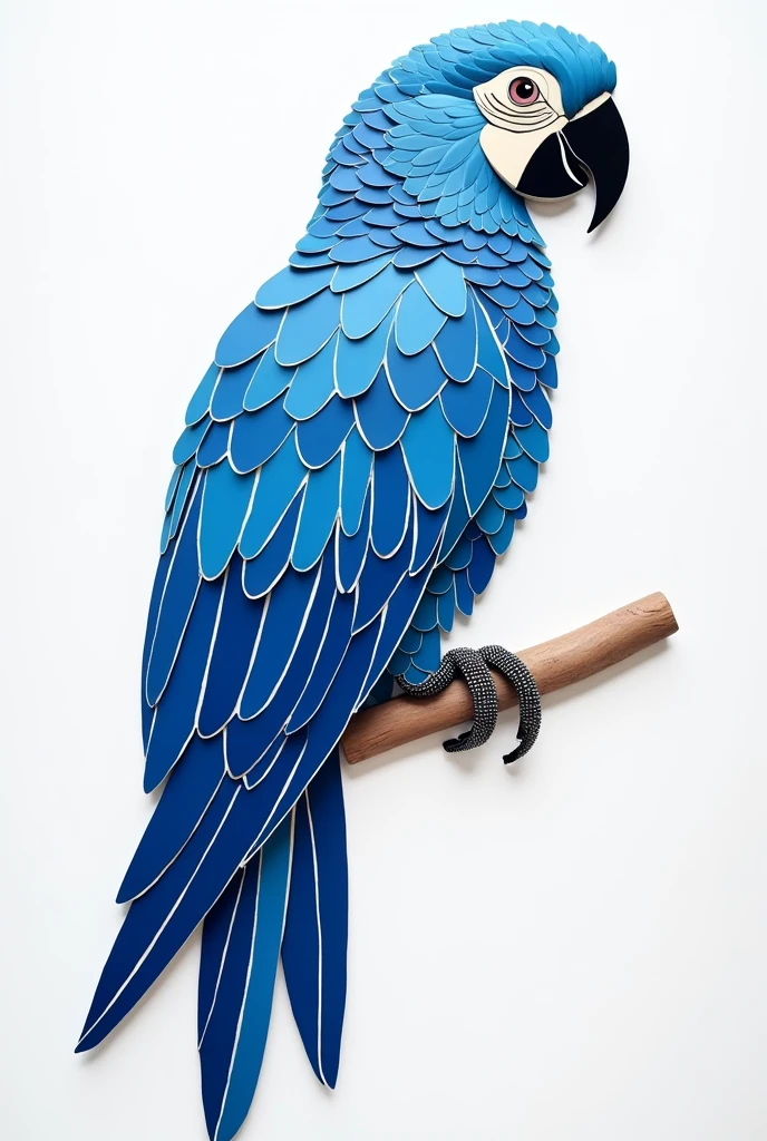 Create an illustration of a parrot designed to be made into a mosaic. The parrot should be composed entirely of different shades of blue, with clear, flat color areas to represent the individual mosaic tiles. The image should focus on the parrot in profile, showing its distinctive features such as its beak, wings, and feathers, but simplified to work well as a mosaic. The background should be plain or subtly textured to emphasize the parrot.