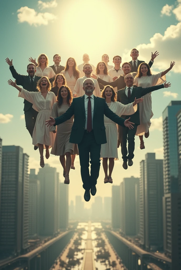 Create a group of men and women dressed as evangelicals flying into the sky from a city 