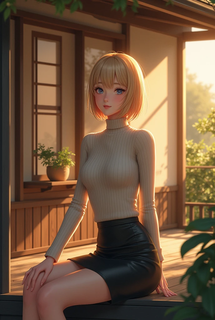 (photorealism:1.2), beautiful woman, sitting on porch, wearing turtleneck sweater, pencil skirt, short blonde hair, outdoors, soft lighting, plants in window, relaxed pose, anime, intricate details, warm colors, japanese style home