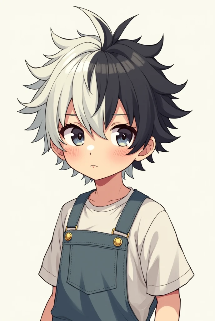Created a small manga character about 1m58 tall with. White and black hair it's a boy