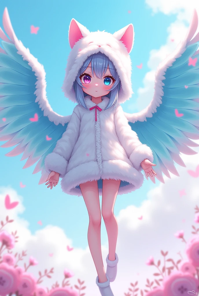 Anime girl with big pastel blue wings, wearing an adorable cat hat, white fur, one blue eye and the other pink, wearing tight clothes and a slim body.