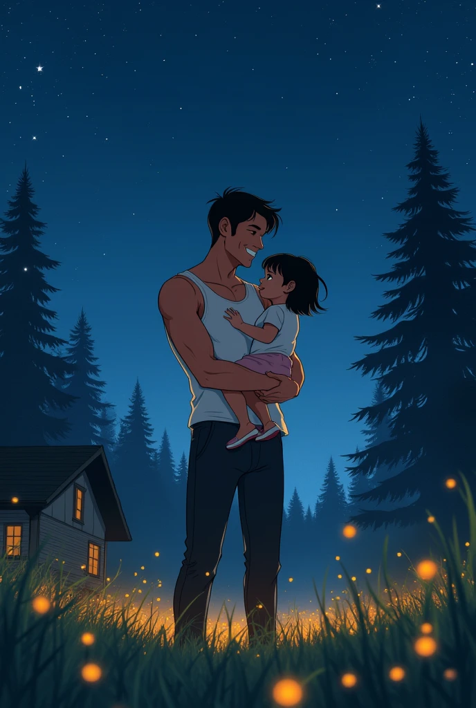 Create a masterpiece-level cover art for a song titled 'Rise to Glory' in a 16:9 ratio. The image should feature a deeply emotional and realistic depiction of the love between a father and his daughter. The scene should be captured from an elevated shot with the house positioned on the left side of the frame. The background should be a dark blue night sky filled with stars. The father, wearing a white vest and black pants, should be smiling warmly as he holds his little daughter, who has pretty black hair. Both figures should be depicted with a deep, heartfelt connection. The bottom of the image should be covered with lush grass and glowing fireflies, adding a magical touch. On the right side, tall pine trees should form a dense forest, enhancing the natural and serene atmosphere. The style should be highly elastic and creative, evoking a sense of love, serenity, and wonder