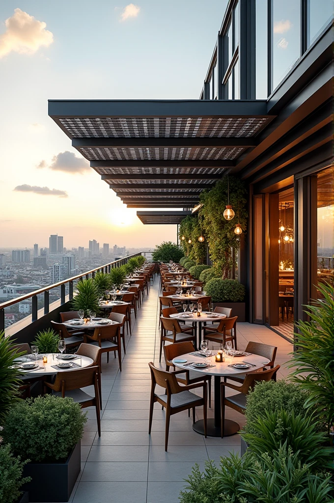 I need a restaurant design under solar panels on rooftop of a mal
