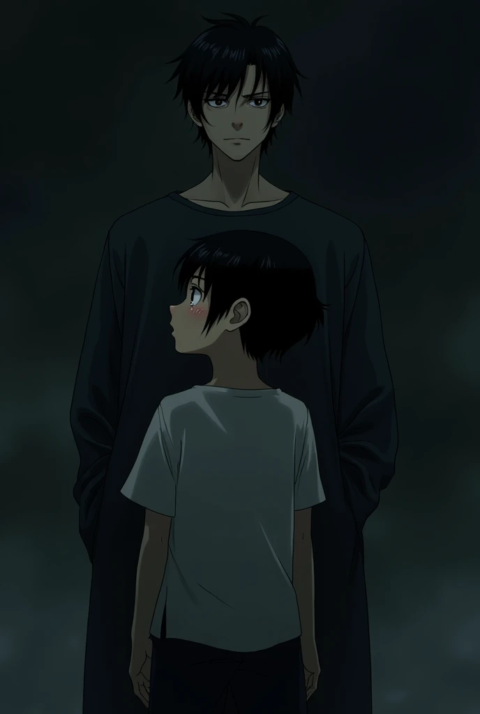 1 boy, boy crying, sadboy, Black hair, bangs, small ponytail at the back, glancing back,  Sad man, dark background, full body, Adult male 