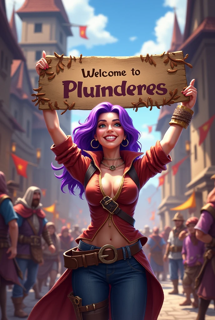 a purple haired woman leads a guild, she was happy smiling looking at the camera holding the word Welcome to Plunderes