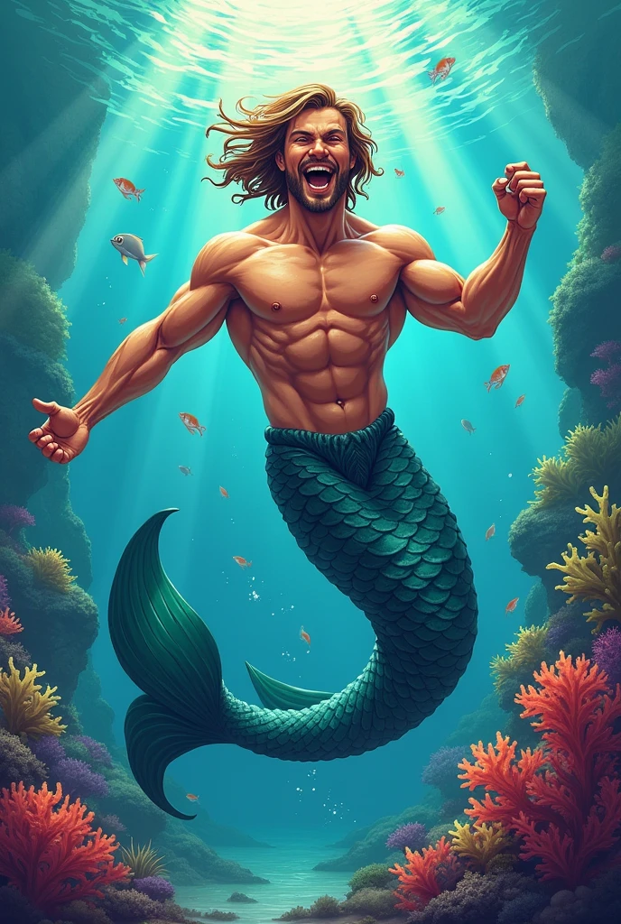 merman, excited, 1male, mermaid tail, fish tail, shirtless, fullbody pose, in the style of zoru