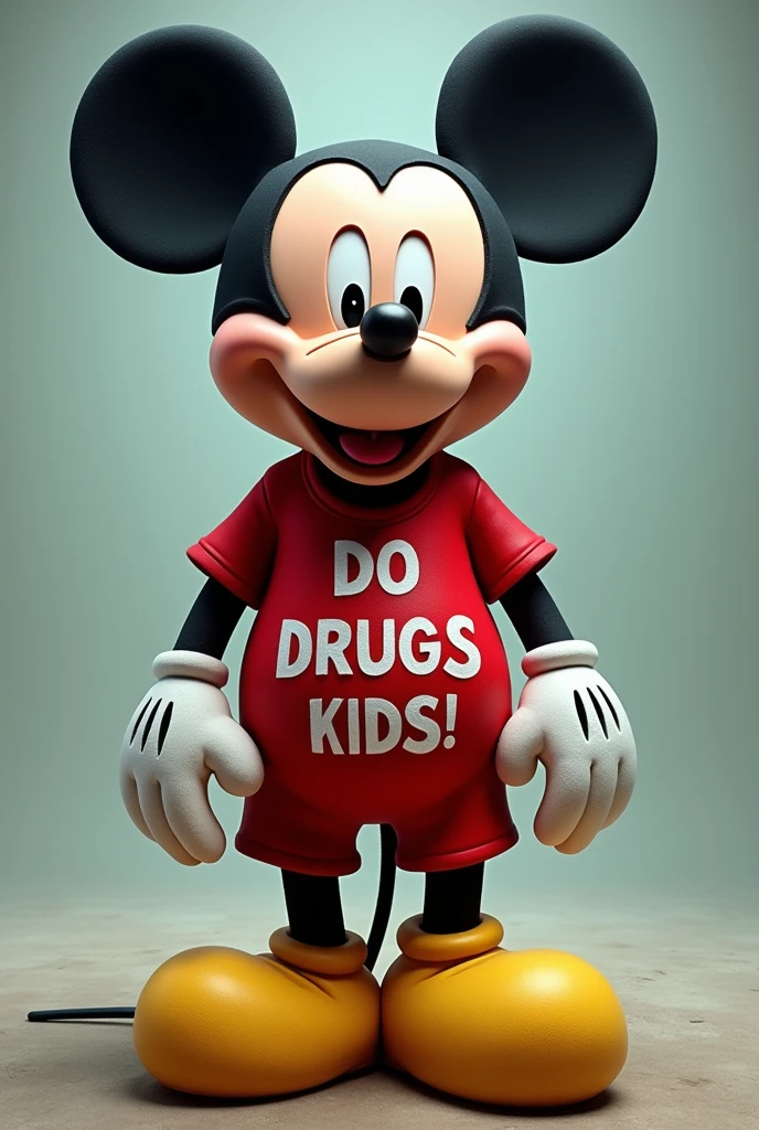 mickey mouse wearing a shirt saying “do drugs kids”