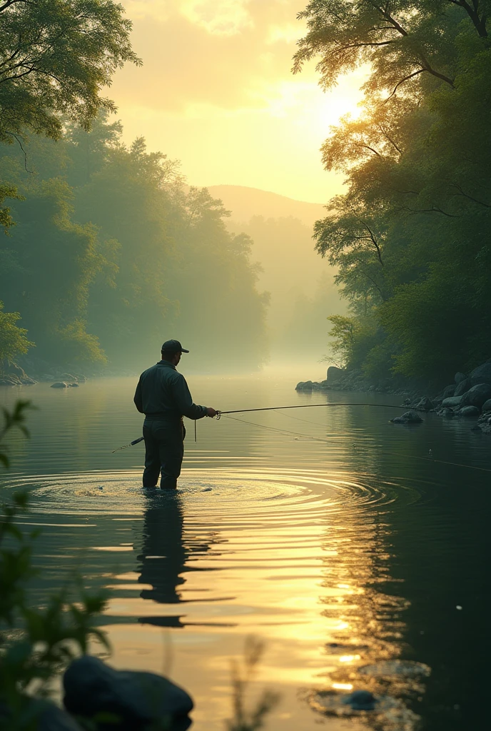a man fishing in a calm river, detailed landscape, tranquil river, lush foliage, golden sunlight, beautiful reflection on water, peaceful atmosphere, highly detailed, photorealistic, 8k, cinematic composition, masterpiece