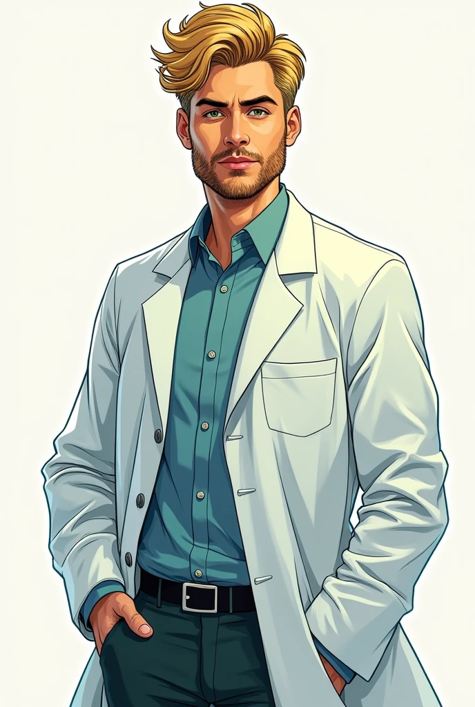20 year old college man with short blond beard, with golden green eyes wearing a lab coat and full body image in the form of dc comics art without background