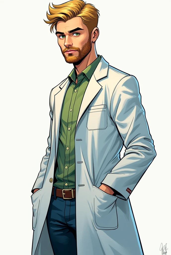 20 year old college man with short blond beard, with golden green eyes wearing a lab coat and full body image in the form of dc comics art without background