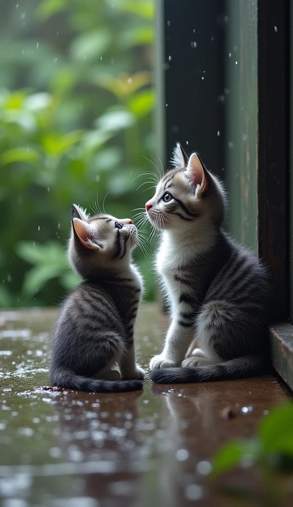 Two small kittens, Milo (gray and white) The first raindrops begin to fall. Milo hides under a porch, looking out at the rain.