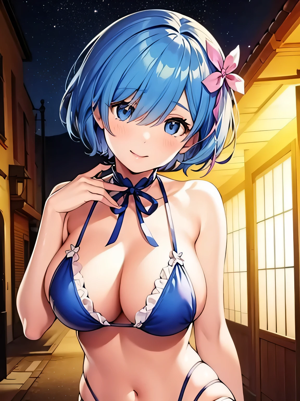 poor, short hair, x Hair accessories, Hair Ribbon, Hair on one eye, Large Breasts, Cleavage, (Low length:1.1)
break
(software), Please place your hand on your chest, head tilt
break
little smile, Happy, (blush), (shut up.)
break
official art, masterpiece, Highest quality, Highest Resolution, 8k, Most detailed, perfect anatomy
break
Wild West, Western Towns, Dust, Night Sky, Highly detailed CG Unity 16K, Very beautiful 16K CG wallpaper,(swimsuit:1.2)