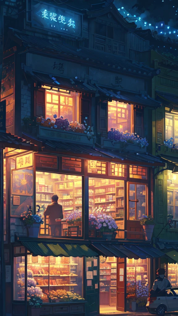 there is a store with many plants and flowers on the outside, high detailed store, flower shop scene, by Yang J, anime background art, convenience store, by Kamagurka, pleasant cozy atmosphere, by Ni Yuanlu, detailed scenery —width 672, magic shop, high detailed), dreamy atmosphere, by Arthur Pan, highly detailed scene