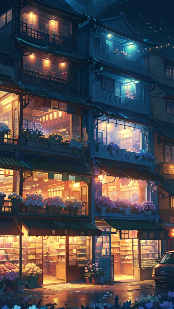 there is a store with many plants and flowers on the outside, high detailed store, flower shop scene, by Yang J, anime background art, convenience store, by Kamagurka, pleasant cozy atmosphere, by Ni Yuanlu, detailed scenery —width 672, magic shop, high detailed), dreamy atmosphere, by Arthur Pan, highly detailed scene