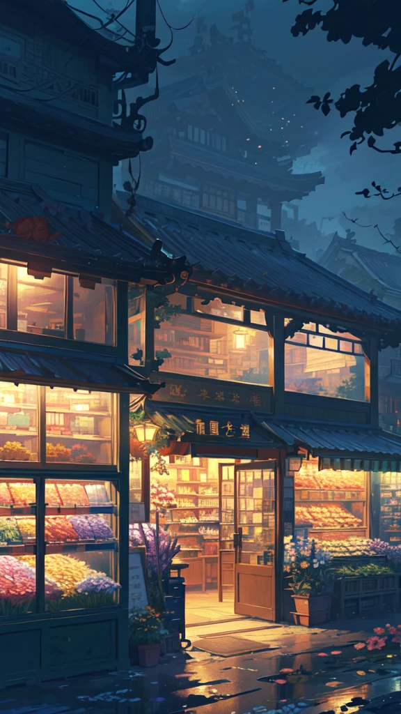 there is a store with many plants and flowers on the outside, high detailed store, flower shop scene, by Yang J, anime background art, convenience store, by Kamagurka, pleasant cozy atmosphere, by Ni Yuanlu, detailed scenery —width 672, magic shop, high detailed), dreamy atmosphere, by Arthur Pan, highly detailed scene