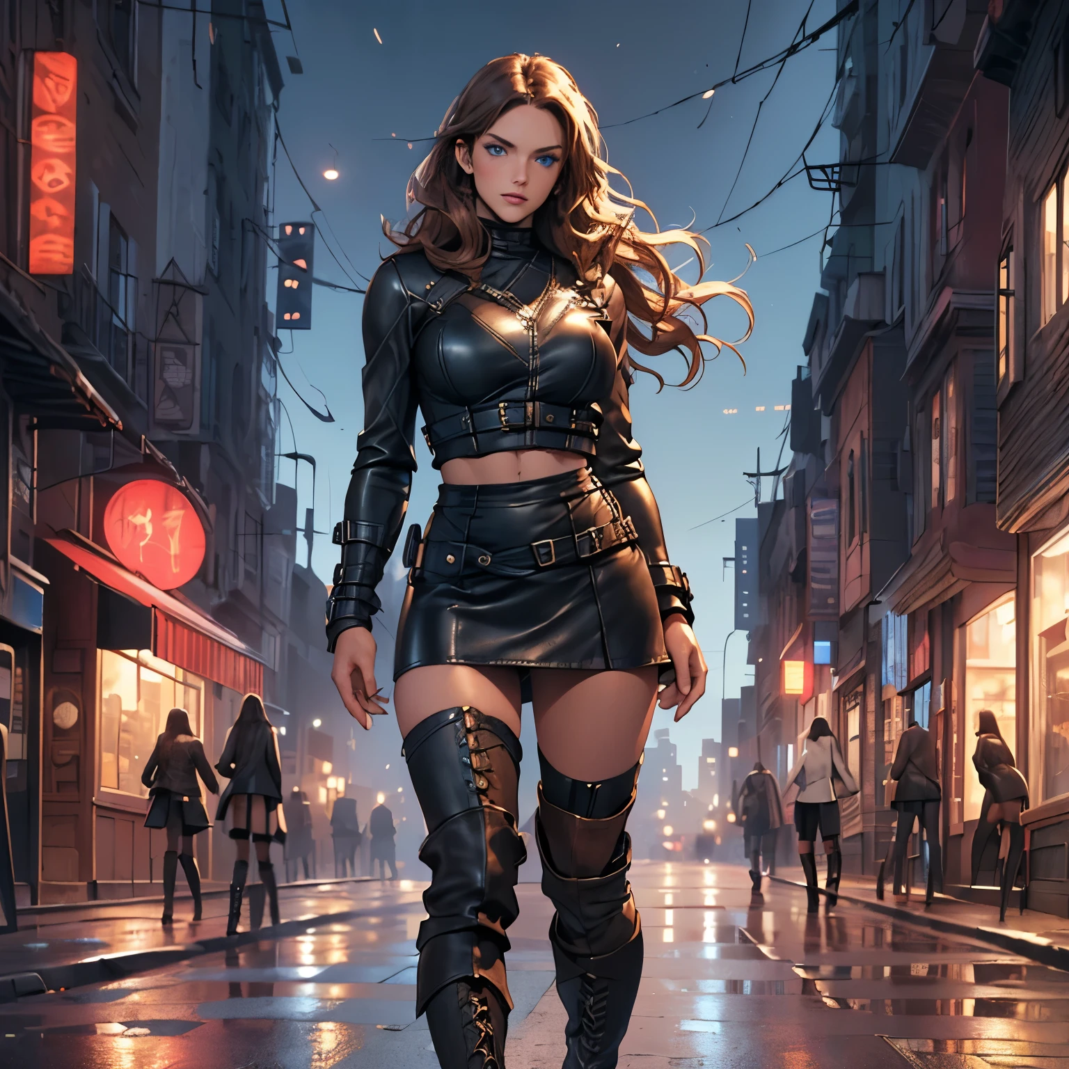 stunning blue eyes, large breasts, very long wavy hair, long thin thighs, (street style clothes: 1,2), ((tight leather mini skirt)), ((knee-high leather boots)), ((dark, deserted city street background: 1,4)), dark makeup, digital art, modern art station, highly detailed, fine details, intricate, detailed facial features, sharp focus, soft, aesthetic,
