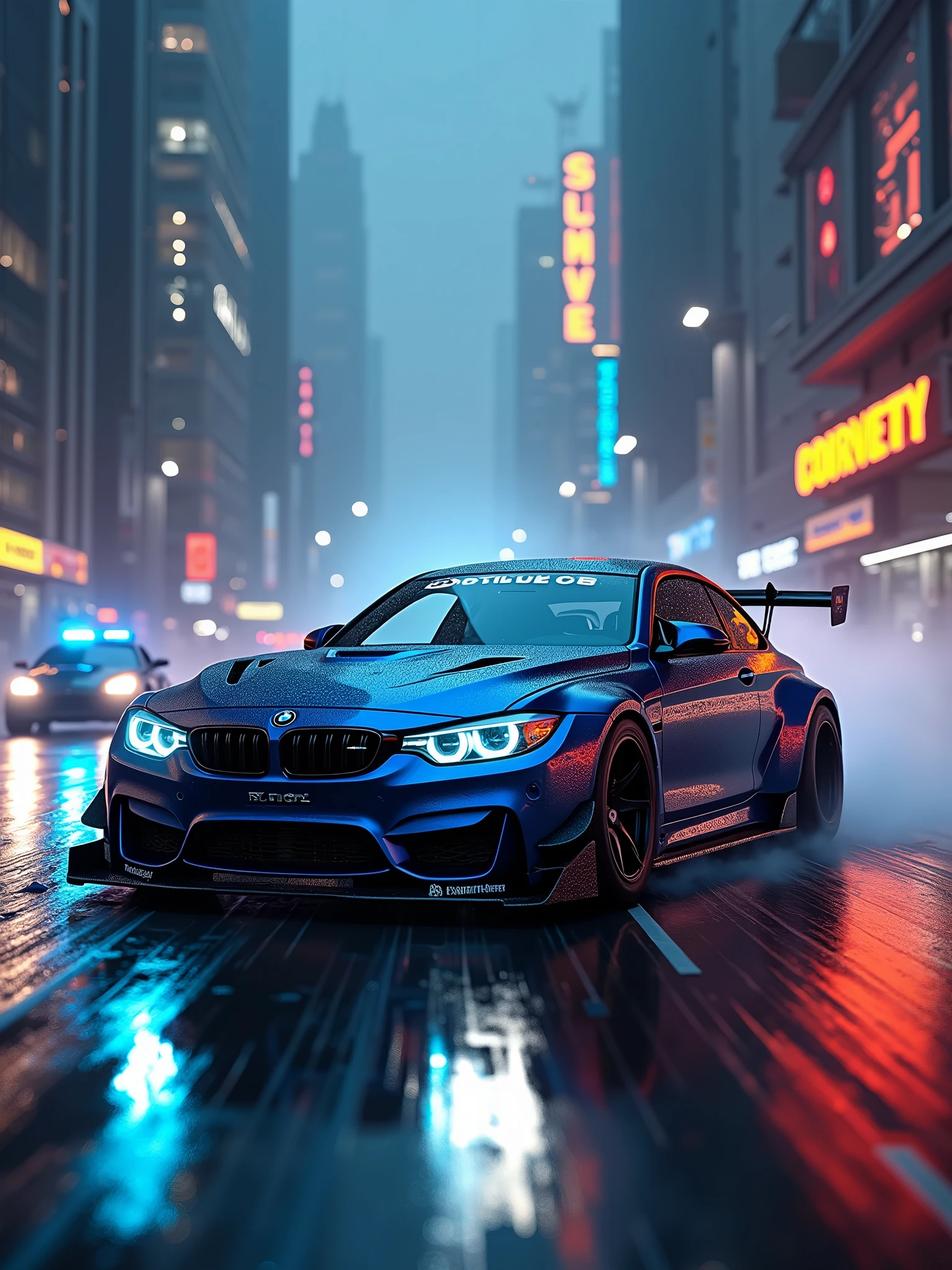 sport car, shimmery metallic blue job paint, aggressive look, tuned, bmw m3 gtr vs corvette c6 cop, mix, full car only, in motion, (bright headlights on:1.6), (at night:1.6), high speed, (motion blur:1.3), (driver:1.6), movie action scene, (Need for Speed:1.3), wet road, illegal racing game, (industrial cityscape in background:1.5), (detailed stunning environment:1.5), (foggy), moody dark atmosphere, bright headlights, neon underground aesthetics, (sci-fi), cyberpunk, blade runner, cinematic, cover art, (low front angle), full view of a sports car, intricate, highly detailed, digital painting, digital art, artstation, concept art, (complementary colors:1.5), (color contrast:1.5), best quality masterpiece, photorealistic, detailed, sharp focus, 8k, HDR, shallow depth of field, broad light, high contrast, backlighting, bloom, light sparkles, chromatic aberration, sharp focus, RAW color photo