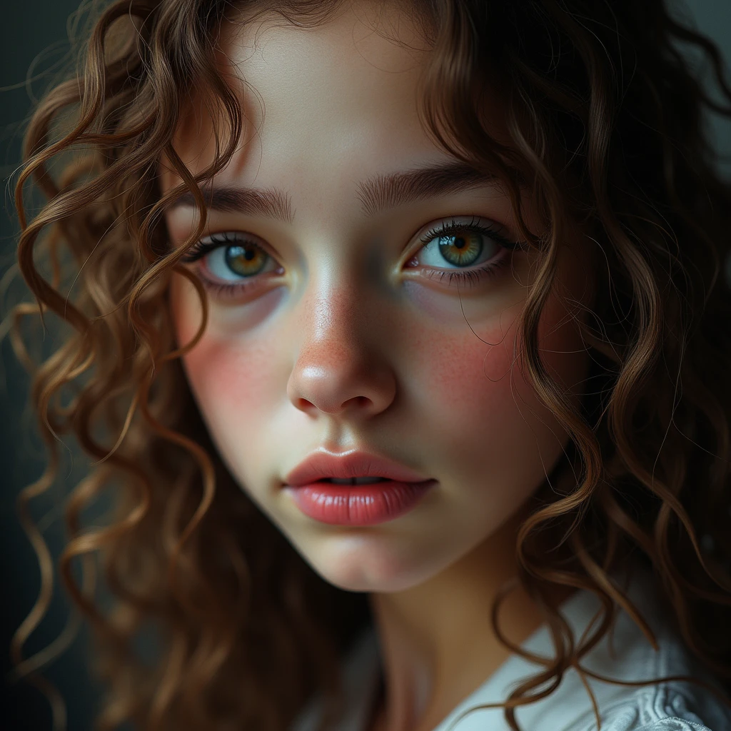 teenager with short curly hair and light brown eyes